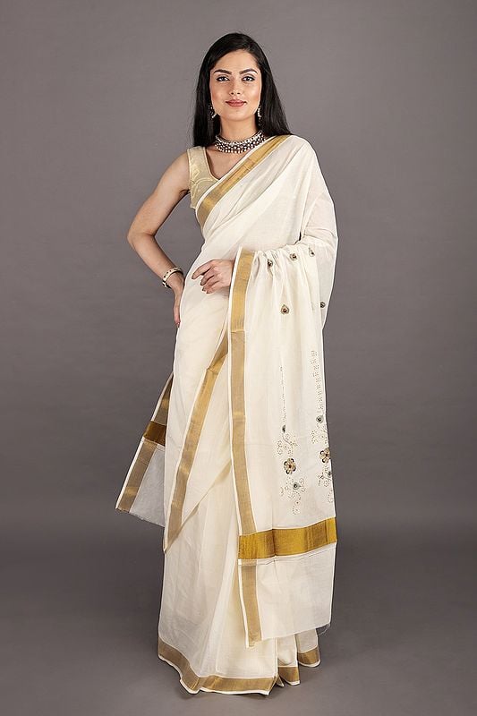 Winter-White Kasavu Sari from Kerala with Embroidered Flowers and Golden Border