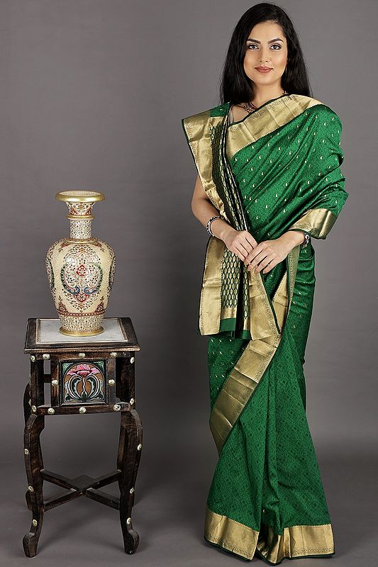 Abundant-Green Hand Woven Pure Silk Sari From Bangalore with Paisleys on Border