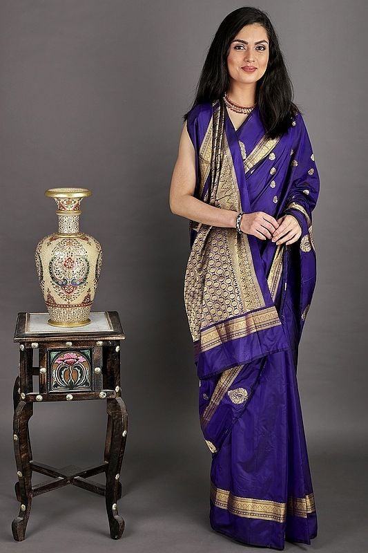 Beacon-Blue Hand Woven Pure Silk Sari From Bangalore with Gold Border