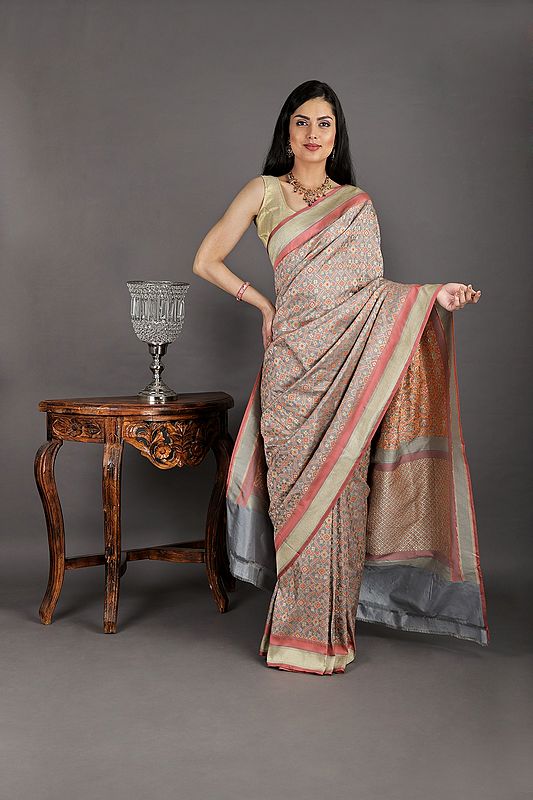 Quarry and Confetti Handloom Pure Chiffon Banarasi Sari with Brocade Weave