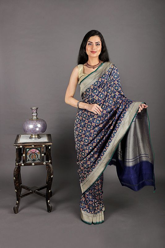 Bellweather Blue Handloom Pure Chiffon Banarasi Sari with Brocade Weave