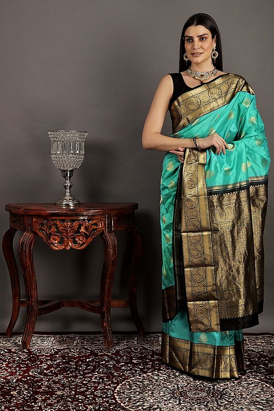 Bright-Aqua Handloom Pure Silk Sari From Bangalore with Brocade Weave