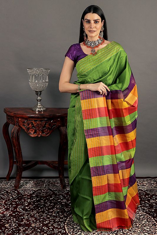 Salted-Lime Katan Silk Sari from Bengal with Multicolor Woven Strips on Anchal
