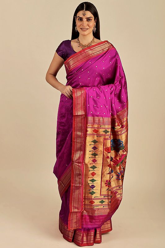 Purple-Orchid Paithani Silk Sari with Hand-Woven Peacocks and Lotus on Aanchal