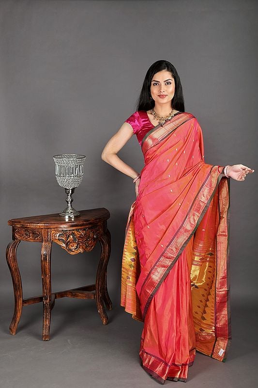 Coral-Paradise Paithani Silk Sari with Hand-Woven Peacocks on Aanchal