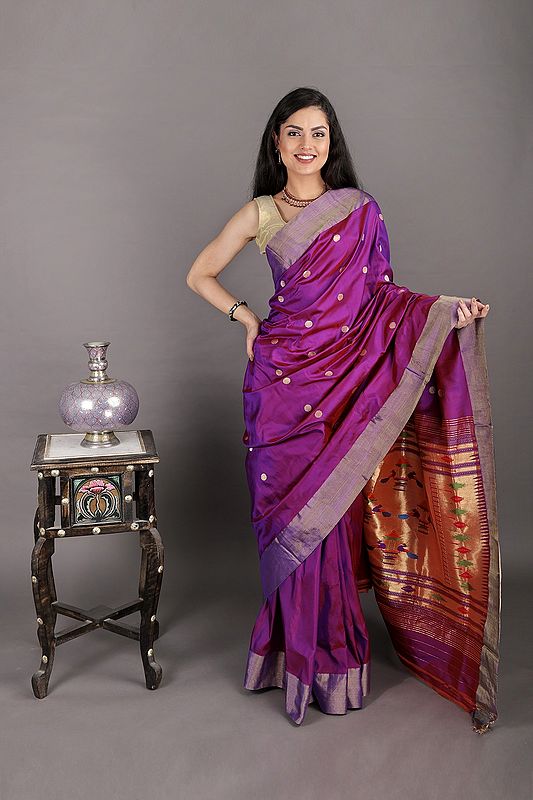 Purple-Magic Paithani Silk Sari with Hand-Woven Peacocks on Aanchal