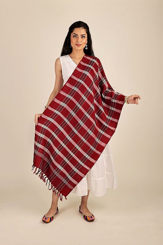 Tango-Red Handwoven Pure Wool Stole With Check Pattern From Uttarakhand (Trishulii - A Community-Owned Producer Company)