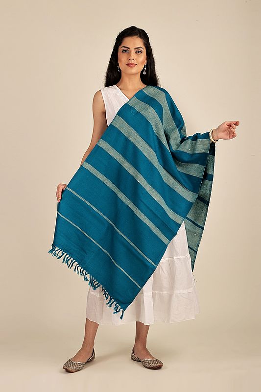 Mosaic-Blue Handwoven Pure Wool Stole From Uttarakhand (Trishulii, an Initiative By TATA)