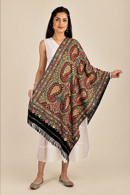 Black-Beauty Woolen Stole from Kashmir with Aari-Embroidered Floral Paisley By Hand