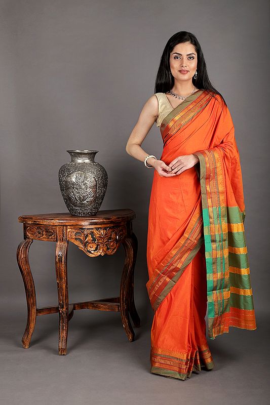 Orangeade Hand Woven Poly Silk Saree From Kolhapur
