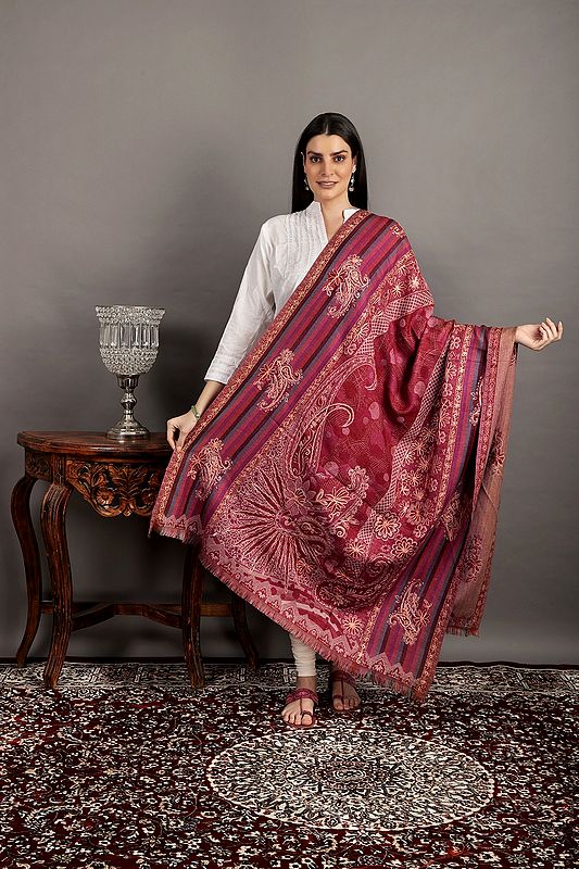 Rose-Sorbet Jamawar Wool Shawl From Amritsar With Aari Embroidery