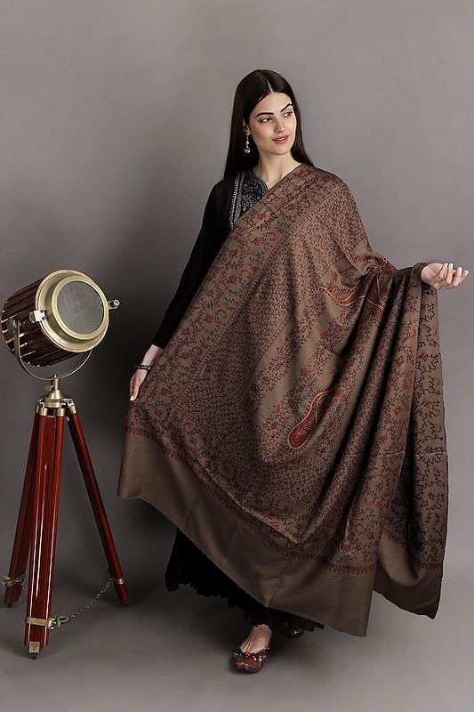 Cocoa-Creme Tusha Shawl from Kashmir with Sozni Hand-Embroidered Floral Vines and Leaf
