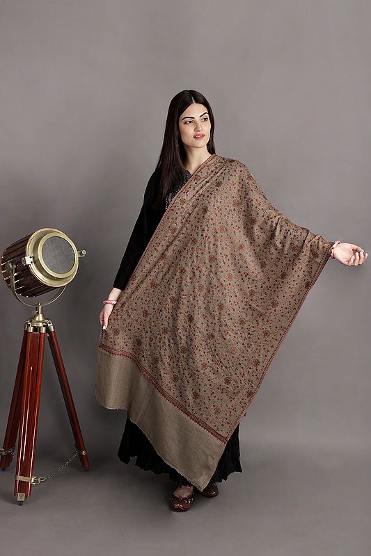 Pure-Cashmere Pashmina Shawl from Kashmir with Sozni-Embroidery by Hand