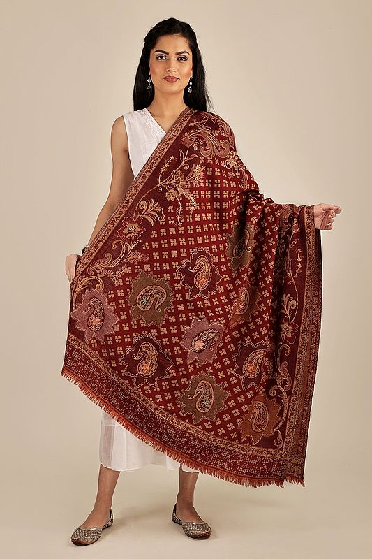 Red-Dahila Jamawar Wool Shawl From Amritsar With Aari Embroidery and Paisley