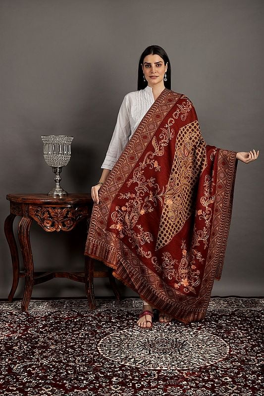 Karanda-Red Jamawar Wool Shawl From Amritsar With Aari Embroidery and Flowers