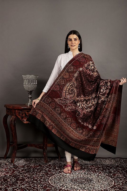 Black-Beauty Jamawar Wool Shawl From Amritsar With Aari Embroidery and Paisley