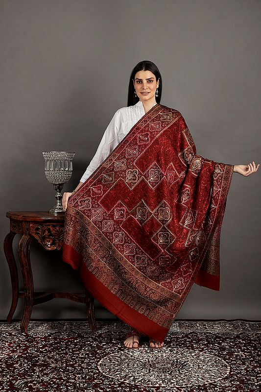 Haute-Red Jamawar Wool Shawl from Amritsar with Aari Embroidery and Paisley