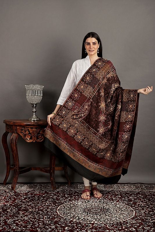 Jet-Black Jamawar Wool Shawl From Amritsar With Aari Embroidery and Motif