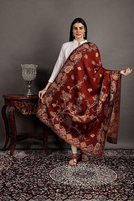Winery Jamawar Wool Shawl From Amritsar With Aari Embroidery and Flowers