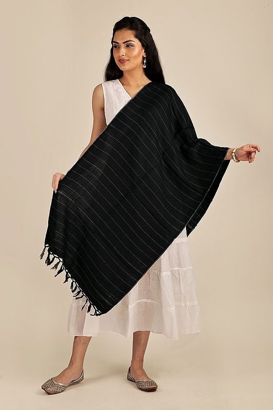 Jet-Black Handwoven Pure Wool Stole With Stripe Pattern From Uttarakhand (Trishulii, an Initiative By TATA)