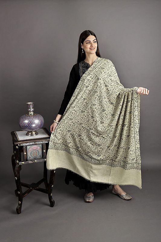 Antique-White Pure Pashmina Shawl from Kashmir with Sozni-Embroidery by Hand