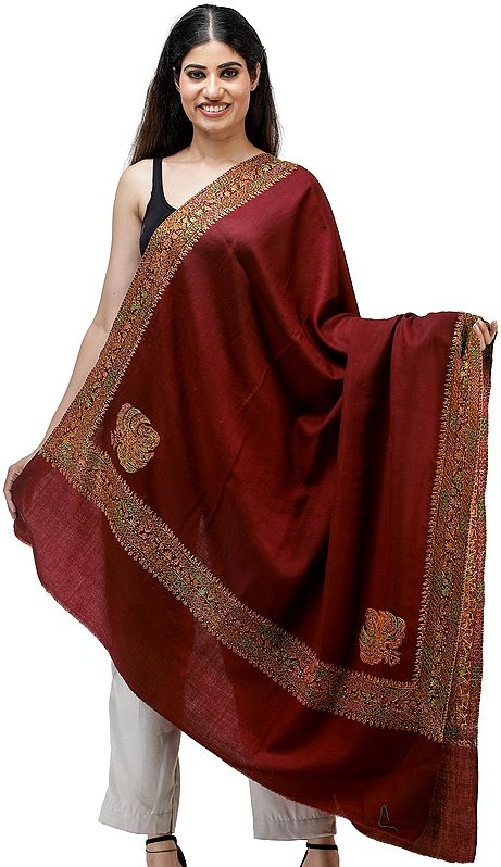 Rio-Red Wool Shawl From Kashmir With Hand-Embroidery on Border