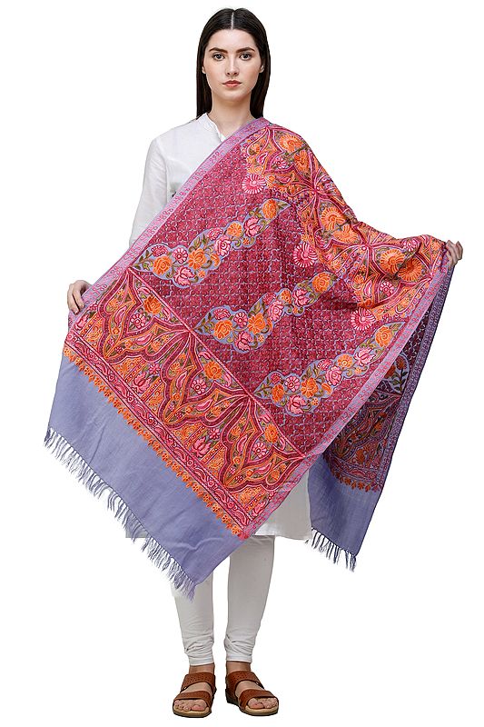 Baby-Lavender Stole from Amritsar With Aari-Embroidered Flowers And Paisleys in Multi-color Thread