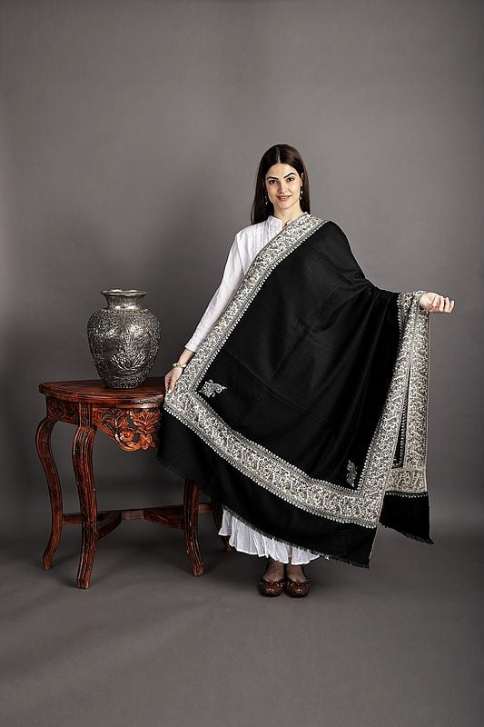 Black-Beauty Pure Pashmina Shawl from Kashmir with Sozni-Embroidery by Hand