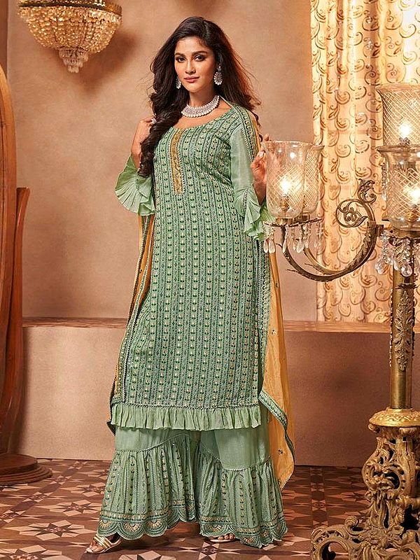 Smoke-Green Georgette Designer Heavy Salwar-Kameez Suit With Sharara Pants