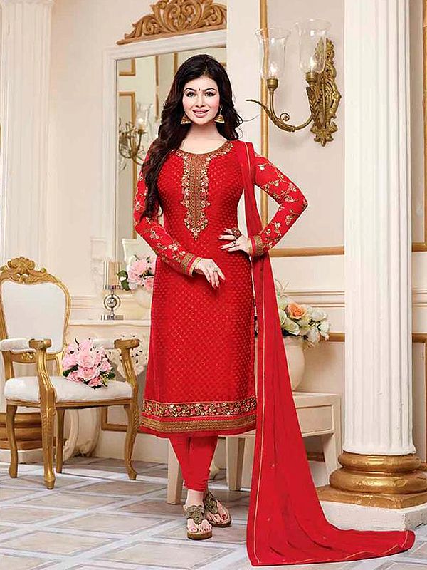 Andrenaline-Rush Ayesha-Takia Straight Long Churidar Salwar Kameez Suit with Floral Zari-Embroidery