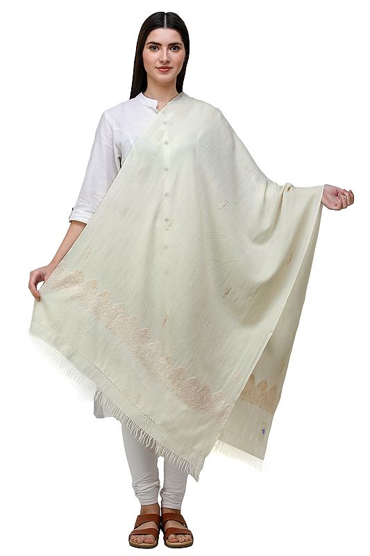 Cloud-Cream Stole from Srinagar With Aari-Embroidery by Hand