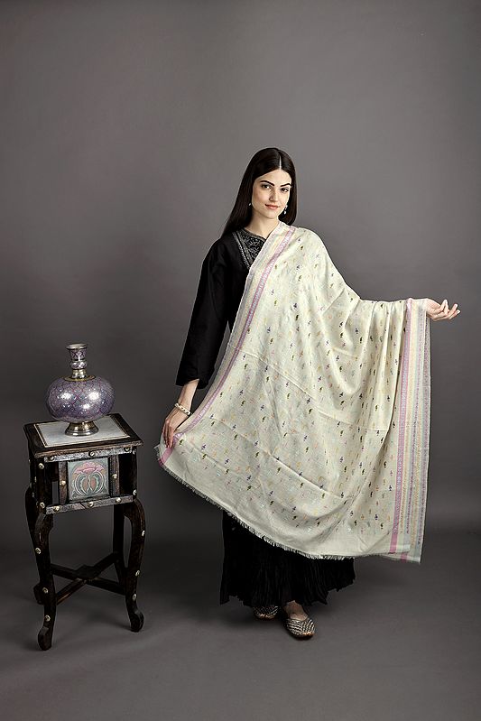 Antique-White Pure Pashmina Shawl from Kashmir