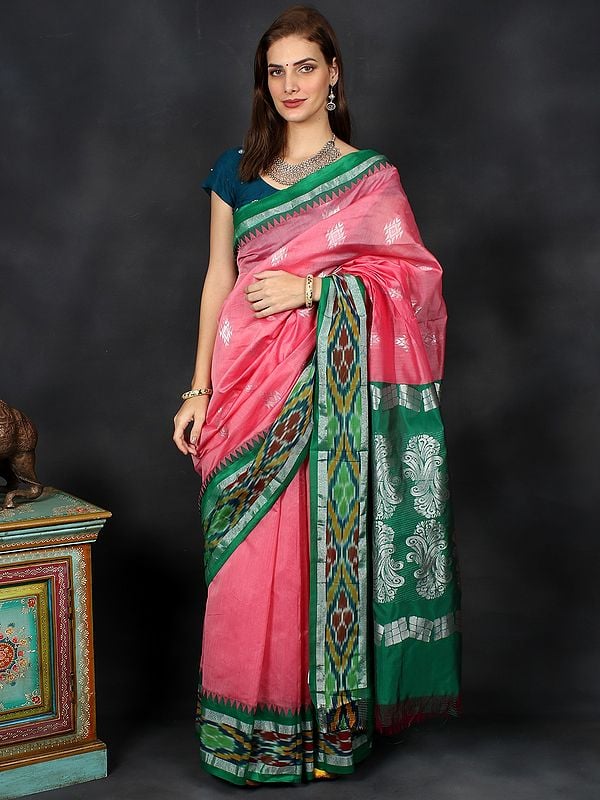 Handloom Saree from Tamil Nadu with Silver thread Weave and Ikat Border