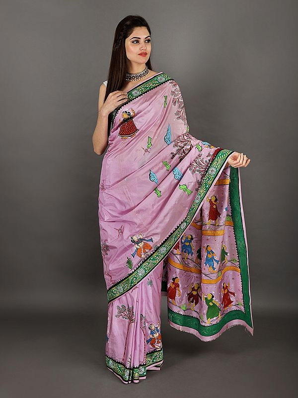 Pink-Lavender Hand-Painted Patachitra Tussar Silk Saree From Odisha
