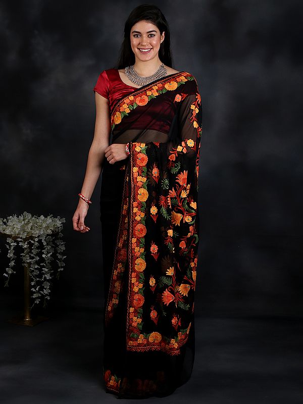 Georgette Kashmiri Saree with Floral Aari-Embroidery