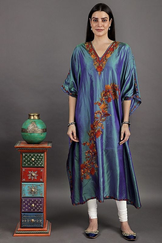 Dazzling-Blue Two-Tone Long Kashmiri Kaftan With Floral Aari Hand Embroidery