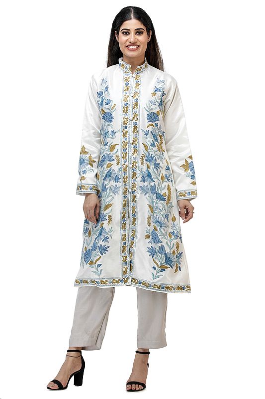 Snow-White Long Jacket from Kashmir with Floral Aari Embroidery
