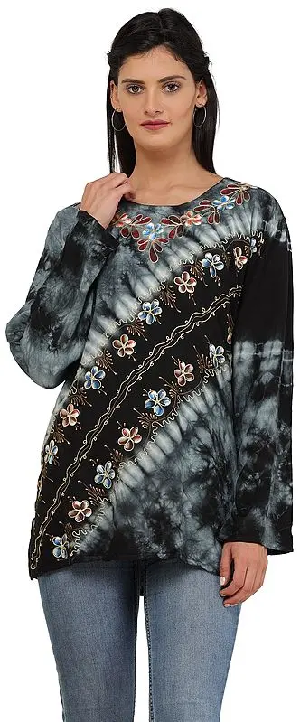 Forest-River Batik Dyed Short Cotton Kurti With Floral Threadwork