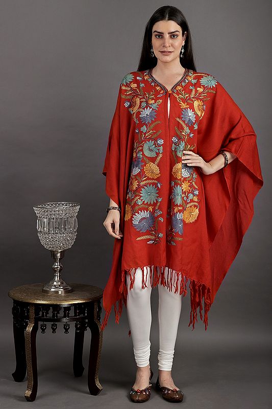 Aurora-Red Cape from Kashmir with Aari Hand-Embroidered Flowers