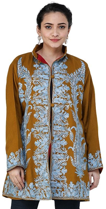 Golden-Brown Short Jacket From Kashmir With Floral Aari Embroidery
