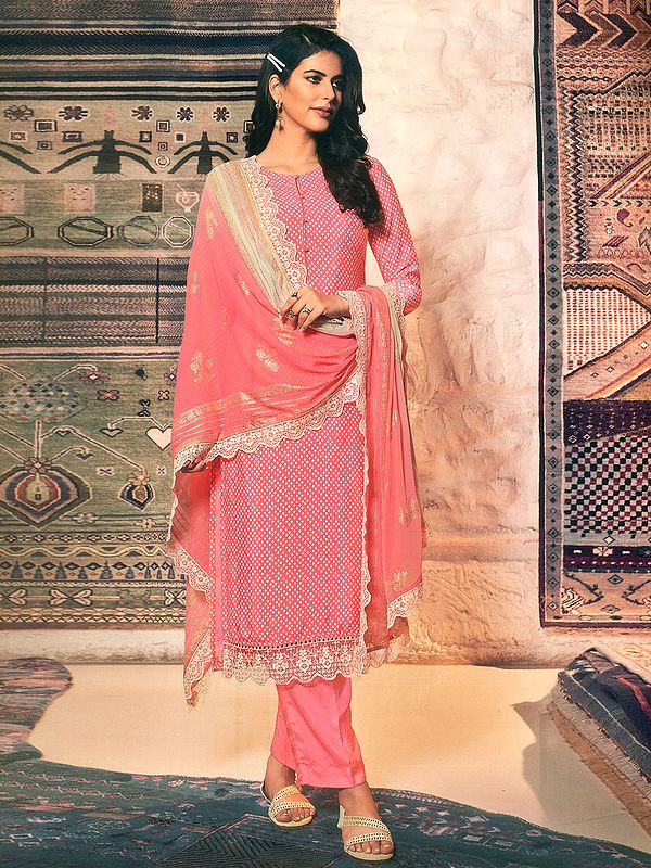 Strawberry-Pink Royal Crepe Salwar Kameez Suit With Embroidered Lace and Crochet Border