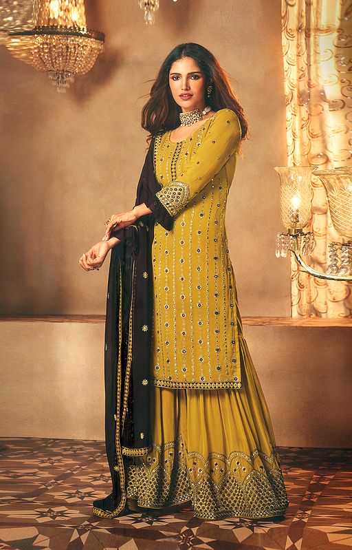 Calendula Georgette Embroidery Work Designer Heavy Salwar-Kameez Suit With Sharara Pants