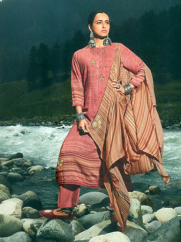 Rose-Tan Self Woven Poly Wool Digital Print With Embroidery Salwar-Kameez Suit