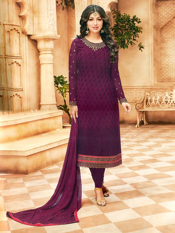Dark-Purple Ayesha-Takia Long Choodidaar Salwar Kameez Suit with Zari-Embroidery