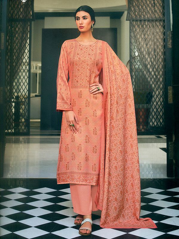 Peach-Pearl Self Woven Poly Wool Kalamkaari With Embroidery Salwar-Kameez Suit