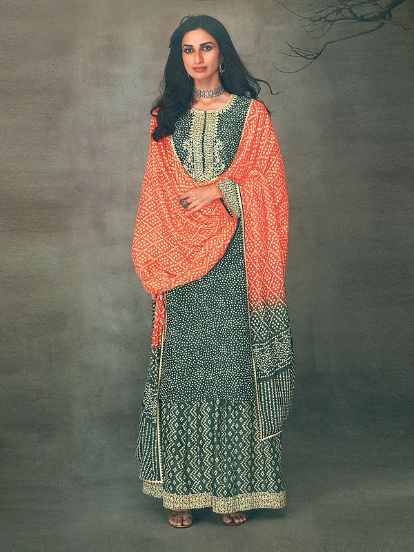Castor-Gray Bandhej Muslin Digital Print With Neck Embroidery Salwar-Kameez Suit
