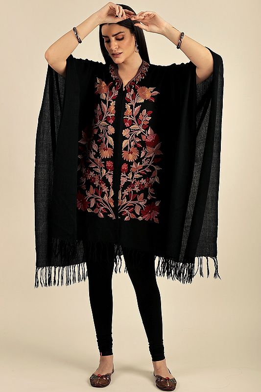 Black Beauty Wool Cape from Kashmir with Floral Aari Embroidery by Hand