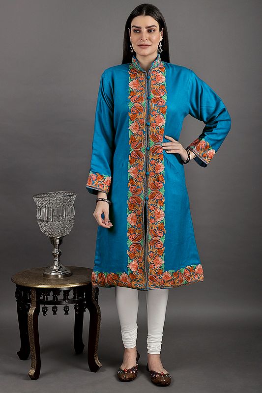Blue-Jewel Long Jacket from Kashmir with Aari Embroidered Flowers All-Over