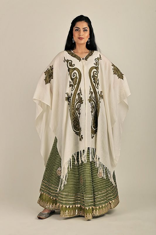 Winter-White Cape from Kashmir with Aari Hand-Embroidered Flowers