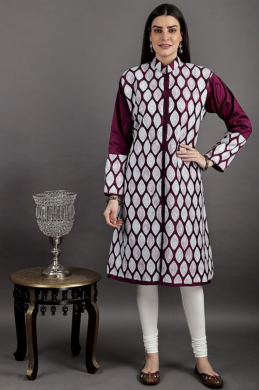 Magenta-Purple Long Pure Silk Jacket from Kashmir with Aari-Embroidery In White Thread